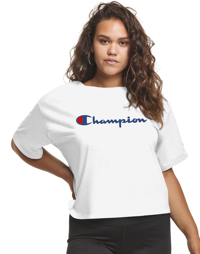 Champion Plus Cropped Script C Logo - Naisten Valkoinen T-Paita - Suomi 5843716-TE